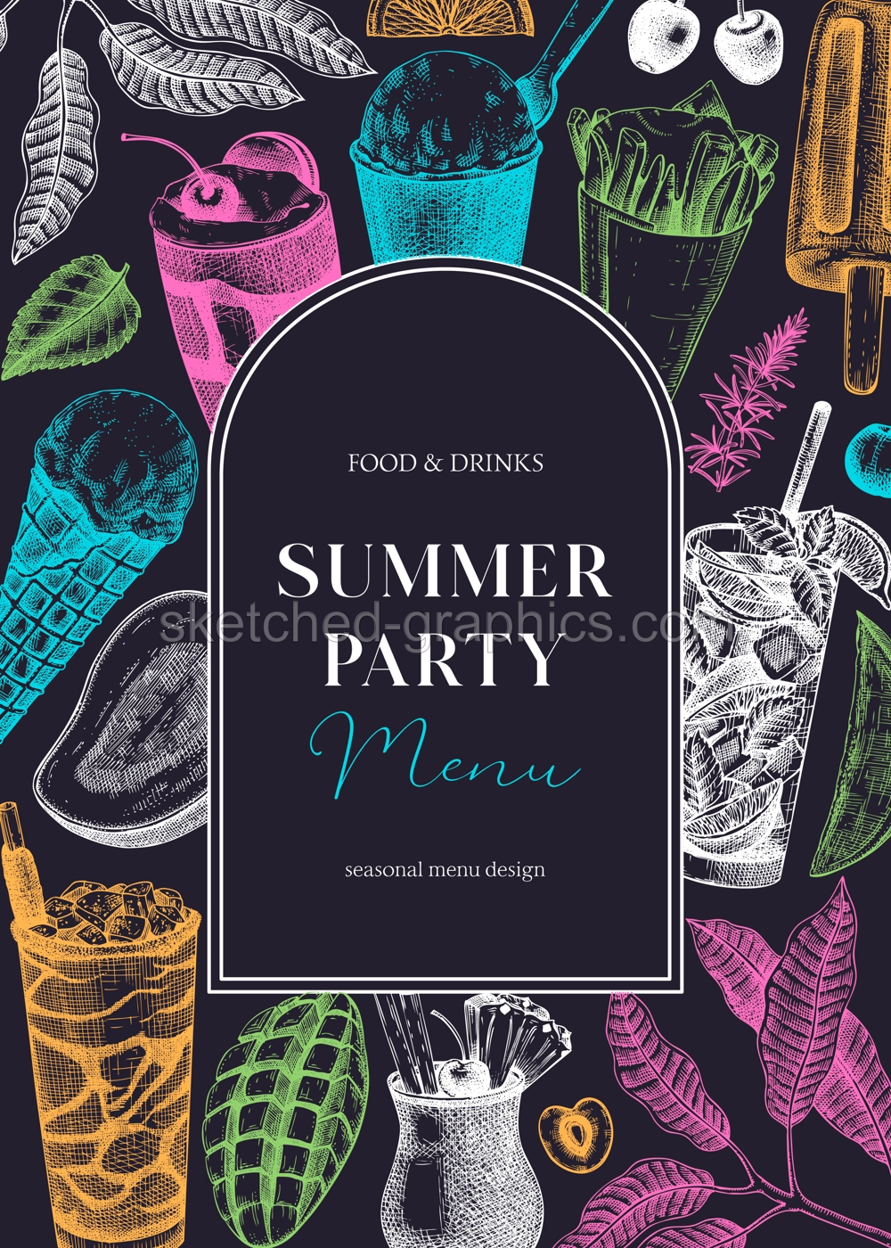 Summer party flyer design. Non-alcoholic beverage, mocktail, ice cream, fruit, cocktail sketches. Hand drawn vector illustration. Summer food and drinks. Tropical background, bar menu, poster design Illustration